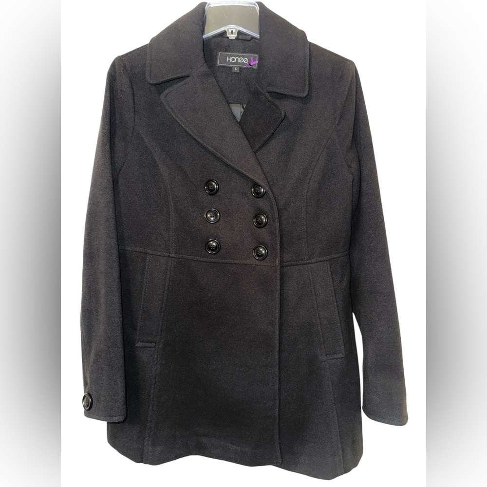 Honee Black Pea Coat With Pockets, Size Large